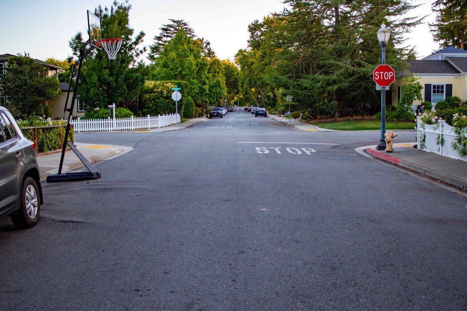 A quiet Baywood intersection at dusk, with a portable basketball hoop standing in the roadway, a white picket fence, and mature conifers